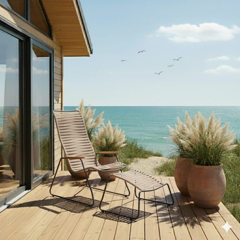 Liadomo "Atina" Loungesessel mit Loungehocker, Gestell Edelstahl anthrazit, Sitz- und Rückenfläche Rope beige, Armlehne Teakholz (Bild KI-generiert)