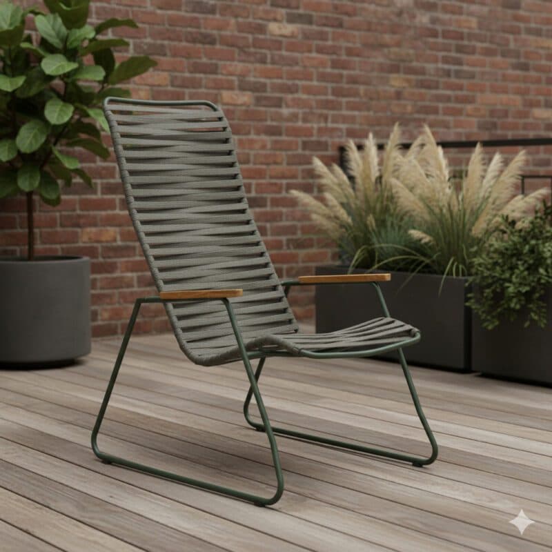 Liadomo "Atina" Loungesessel, Gestell Edelstahl dunkelgrün, Sitzfläche Rope oliv, Armlehne Teakholz (Bild KI-generiert)