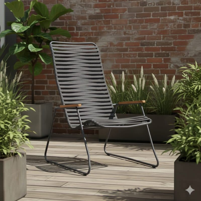 Liadomo "Atina" Loungesessel, Gestell Edelstahl anthrazit, Sitzfläche Rope anthrazit, Armlehne Teakholz (Bild KI-generiert)