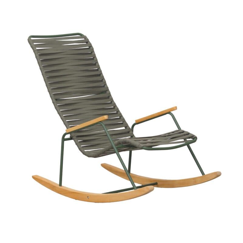 Liadomo "Atina" Schaukelsessel, Gestell Edelstahl dunkelgrün, Sitz- und Rückenfläche Rope oliv, Kufen und Armlehne Teakholz