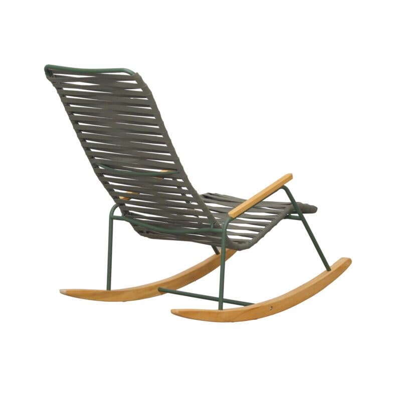 Liadomo "Atina" Schaukelsessel, Gestell Edelstahl dunkelgrün, Sitz- und Rückenfläche Rope oliv, Kufen und Armlehne Teakholz