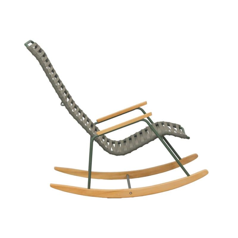 Liadomo "Atina" Schaukelsessel, Gestell Edelstahl dunkelgrün, Sitz- und Rückenfläche Rope oliv, Kufen und Armlehne Teakholz