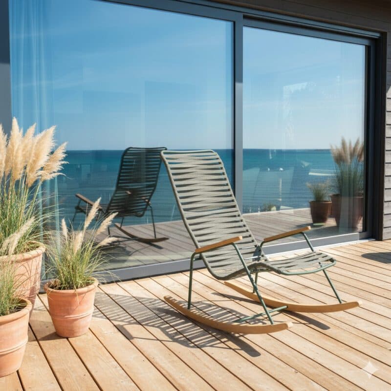 Liadomo "Atina" Schaukelsessel, Gestell Edelstahl dunkelgrün, Sitz- und Rückenfläche Rope oliv, Kufen und Armlehne Teakholz (Bild KI-generiert)