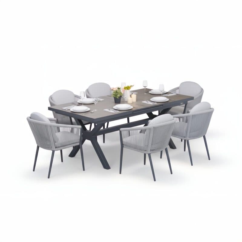 Liadomo Gartenmöbel-Set "Benevento/Latina" 7-tlg., Aluminium anthrazit, Rope & Kissen light grey, Tisch 200/260x100 cm, Platte Sinterstein dunkelgrau