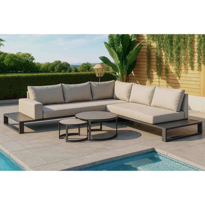 Liadomo “Candela” Loungeset 4-tlg., Gestelle Aluminium anthrazit, Kissen beige, Tischplatten Sinterstein hellgrau & dunkelgrau (Bild KI-generiert)