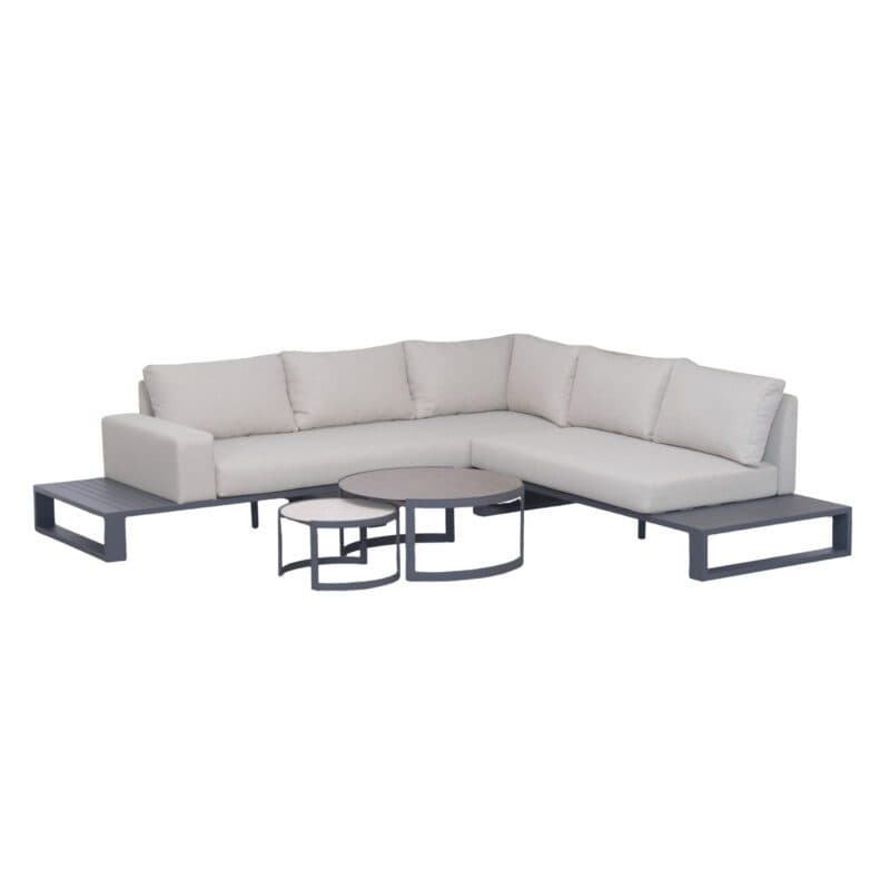 Liadomo “Candela” Loungeset 4-tlg., Gestelle Aluminium anthrazit, Kissen beige, Tischplatten Sinterstein hellgrau & dunkelgrau