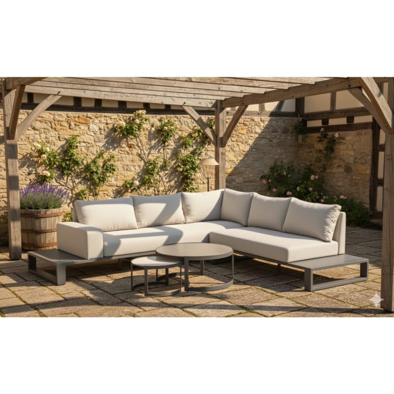 Liadomo “Candela” Loungeset 4-tlg., Gestelle Aluminium anthrazit, Kissen beige, Tischplatten Sinterstein hellgrau & dunkelgrau (Bild KI-generiert)