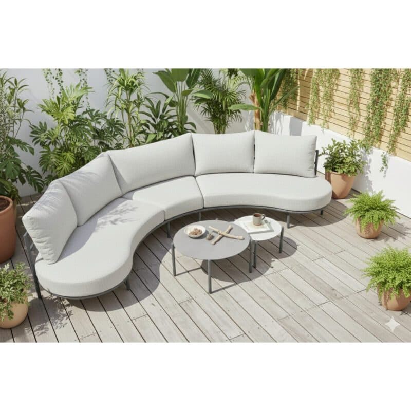 Liadomo "Celano" Loungeset, Gestell Aluminium anthrazit, Polster beige, Tischplatten Sinterstein (Bild KI-generiert)