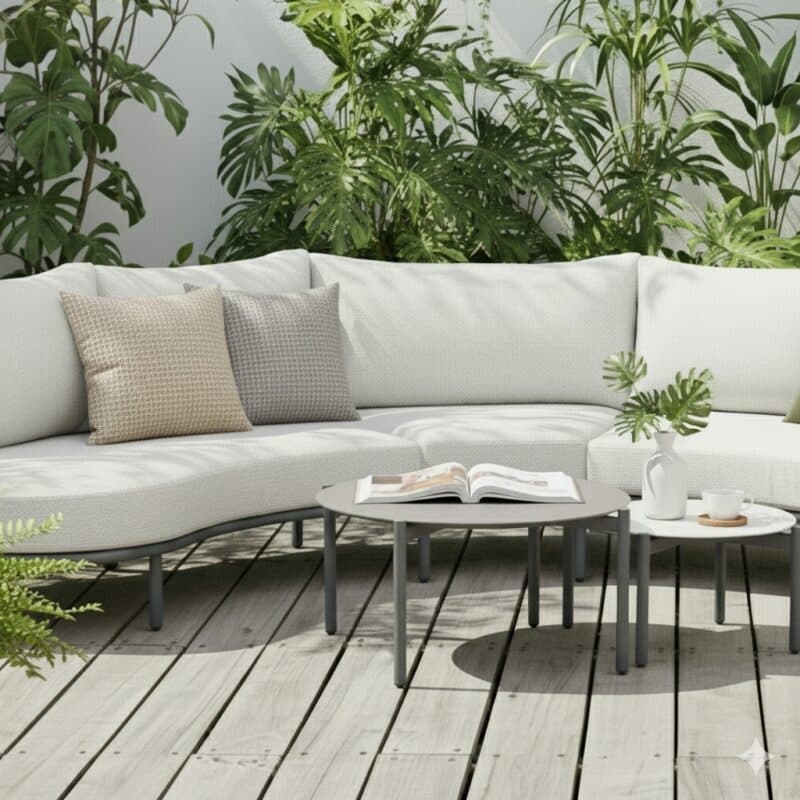 Liadomo "Celano" Loungeset, Gestell Aluminium anthrazit, Polster beige, Tischplatten Sinterstein (Bild KI-generiert)