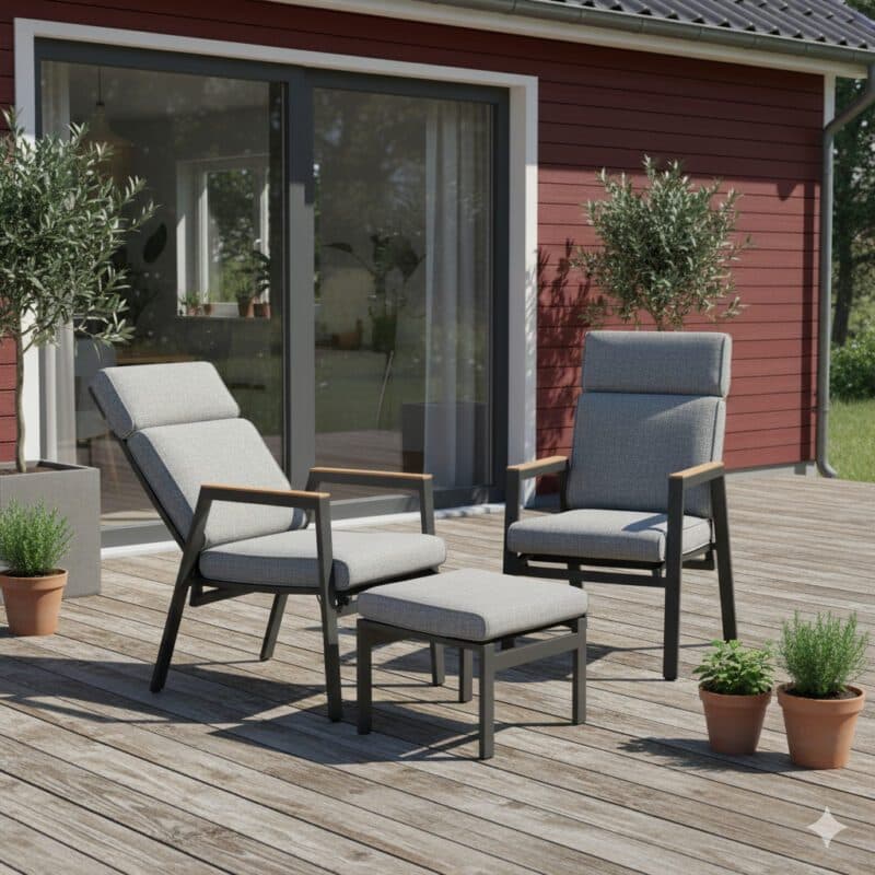 Liadomo "Celano" Diningsessel und Hocker, Aluminium anthrazit, Polster Olefin grau, Armlehnen Teak (Bild KI-generiert)