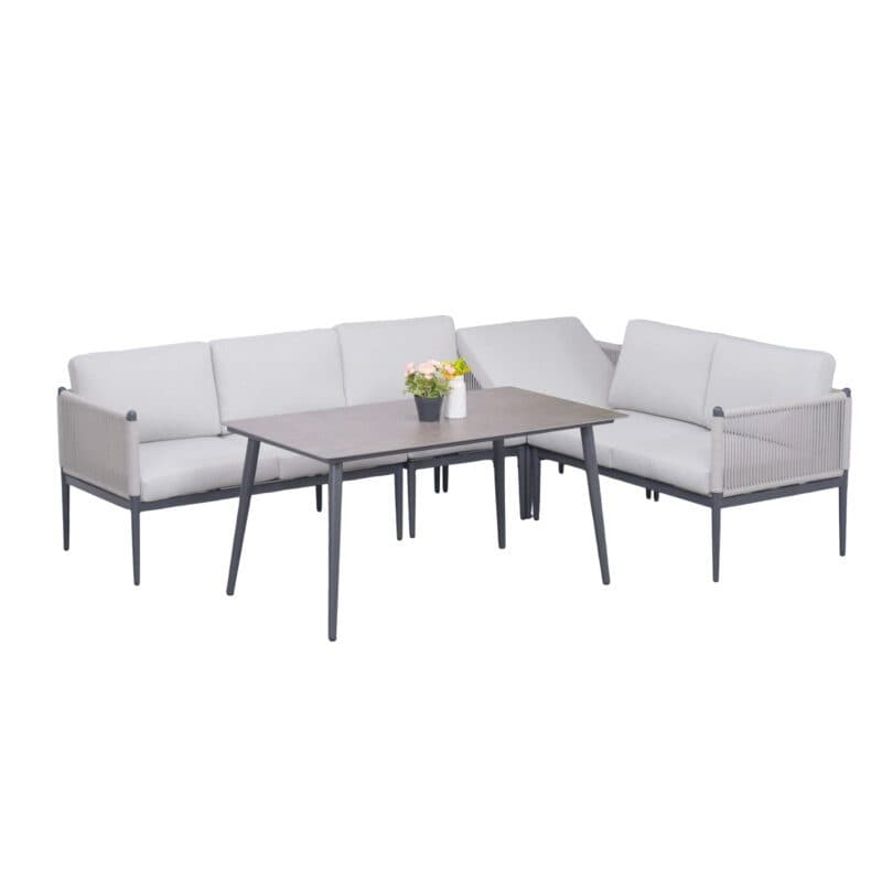 Liadomo "Formello" Dining-Loungeset, lange Seite links, Gestelle Aluminium anthrazit, Rope & Polster light grey, Tisch Sinterstein dunkelgrau, 140x85 cm