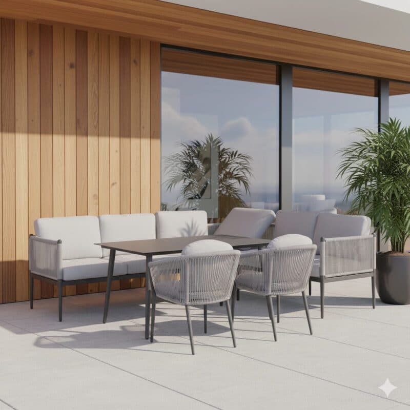 Liadomo "Formello/Latina" Dining-Loungeset, Gestelle Aluminium anthrazit, Rope & Polster light grey, Tisch Sinterstein, 140x85 cm (Bild KI-generiert)