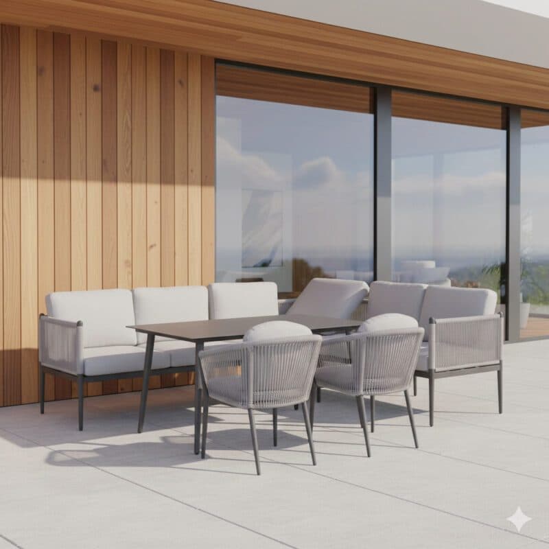 Liadomo "Formello/Latina" Dining-Loungeset, Gestelle Aluminium anthrazit, Rope & Polster light grey, Tisch Sinterstein, 140x85 cm (Bild KI-generiert)