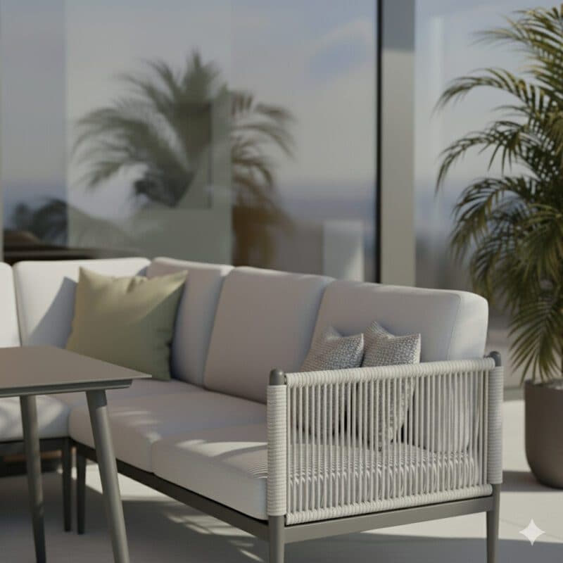 Liadomo "Formello" Dining-Loungeset, Gestelle Aluminium anthrazit, Rope & Polster light grey, Tisch Sinterstein, 140x85 cm (Bild KI-generiert)