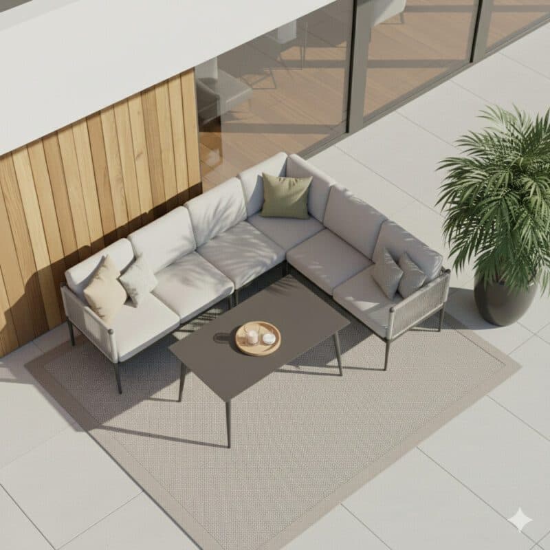 Liadomo "Formello" Dining-Loungeset, lange Seite links, Gestelle Aluminium anthrazit, Rope & Polster light grey, Tisch Sinterstein dunkelgrau, 140x85 cm (Bild KI-generiert)