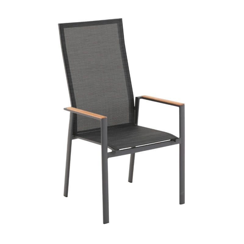 Liadomo "Limbadi" Stapelstuhl mit hoher Rückenlehne, Gestell Aluminium anthrazit, Bespannung Textilen anthrazit, Armlehne mit Teakholz-Auflage