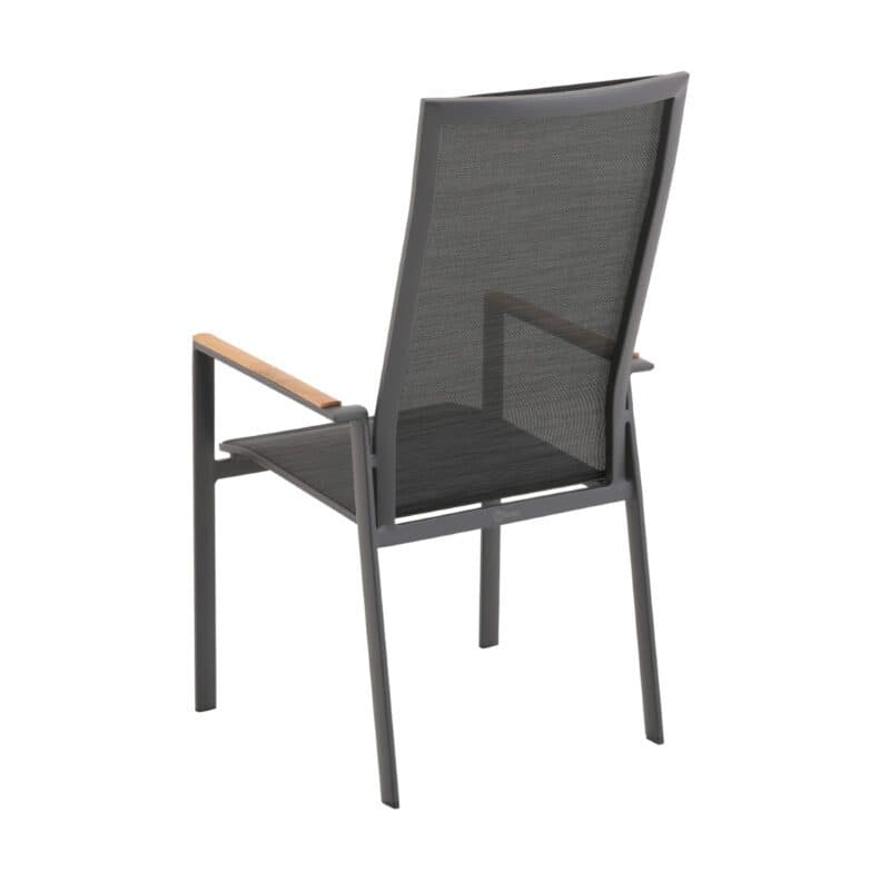 Liadomo "Limbadi" Stapelstuhl mit hoher Rückenlehne, Gestell Aluminium anthrazit, Bespannung Textilen anthrazit, Armlehne mit Teakholz-Auflage