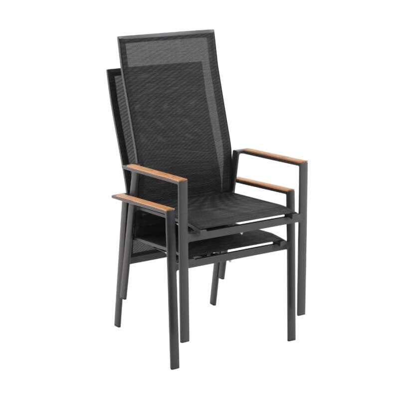 Liadomo "Limbadi Move" Hochlehner mit verstellbarer Rückenlehne, Gestell Aluminium anthrazit, Bespannung Textilen anthrazit, Armlehne mit Teakholz-Auflage