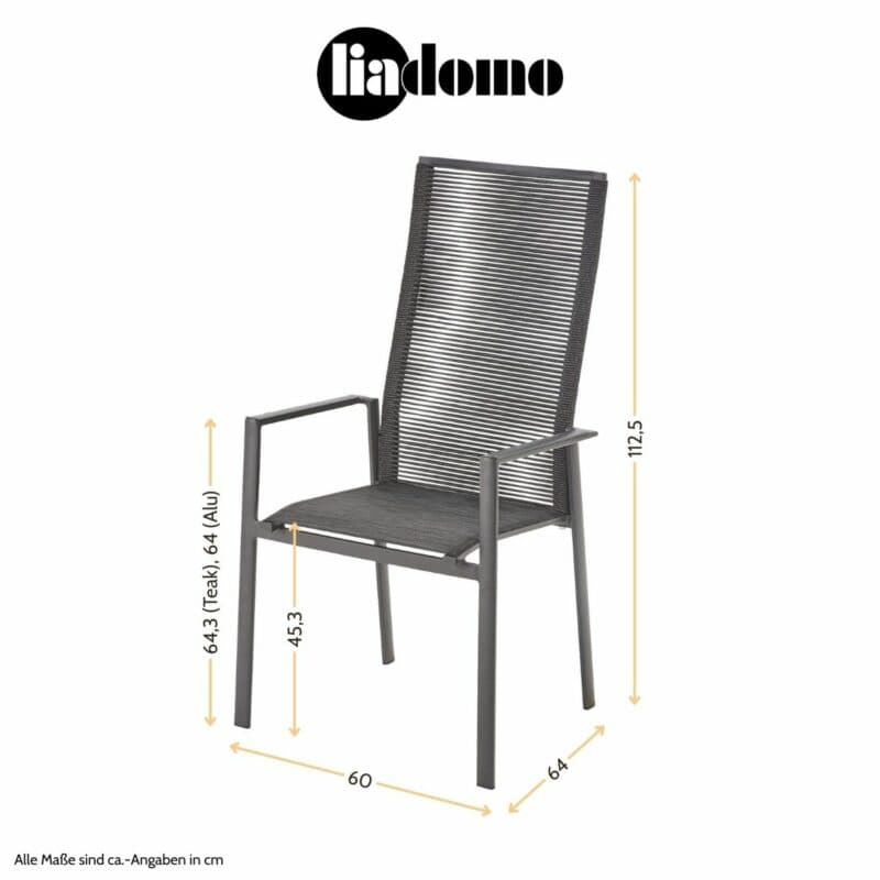 Liadomo "Limbadi" Stapelstuhl mit hoher Rückenlehne, Maßangaben