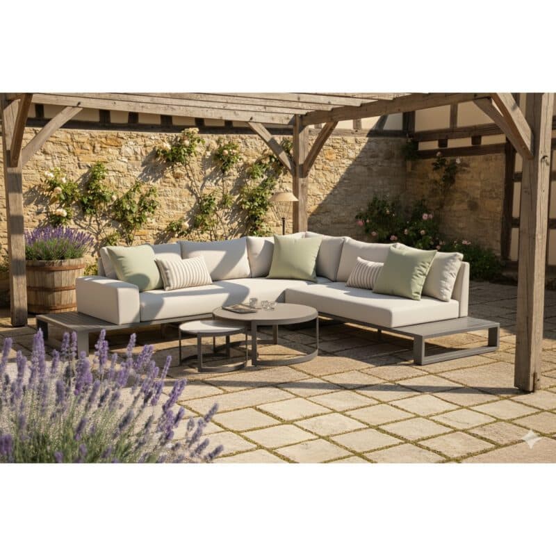 Liadomo “Candela” Loungeset 4-tlg., Gestelle Aluminium anthrazit, Kissen beige, Tischplatten Sinterstein hellgrau & dunkelgrau (Bild KI-generiert)