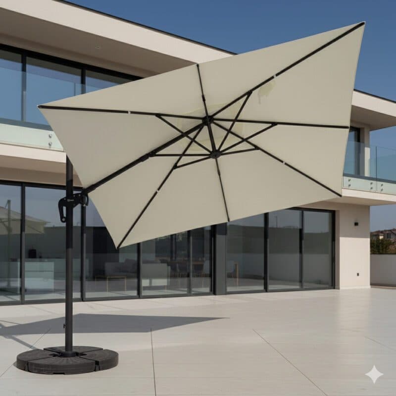 Liadomo "Pineto" Ampelschirm, eckig, Aluminium anthrazit, Dessin Off-White, Sockelplatten bitte separat erwerben (Bild KI-generiert)
