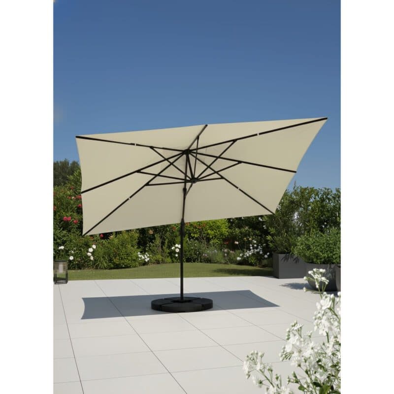 Liadomo "Pineto" Ampelschirm 340x270 cm, eckig, Aluminium anthrazit, Dessin Off-White (Bild KI-generiert)