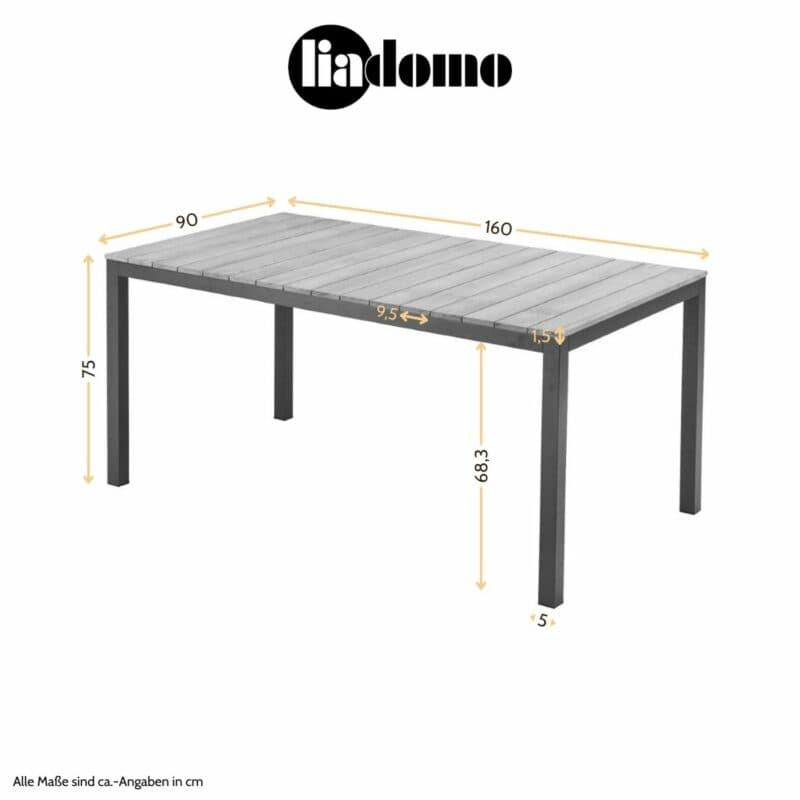 Liadomo "Scalea" Gartentisch 160 cm mit Tischplatte Teak, Maßangaben