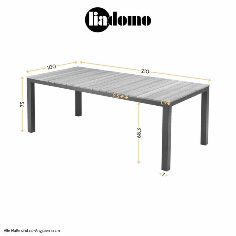 Liadomo "Scalea" Gartentisch 210 cm mit Tischplatte Teak, Maßangaben