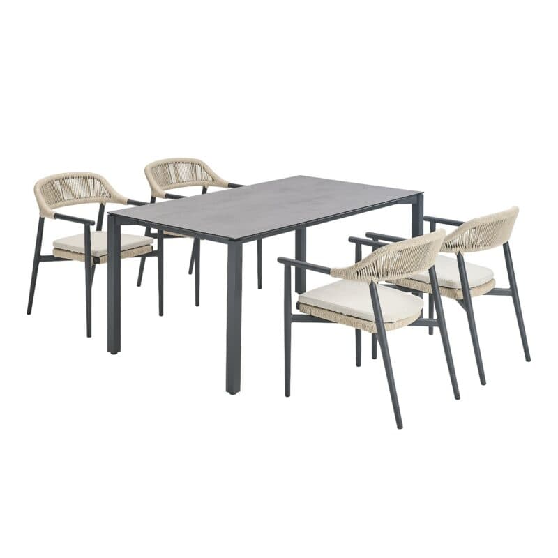 CASA DOMA "Terni" Stapelstuhl, Gestell Aluminium anthrazit, Sitzfläche Rope fossil, Sitzkissen Olefin beige und "Campana" Gartentisch Edelstahl & HPL anthrazit, 160x90 cm