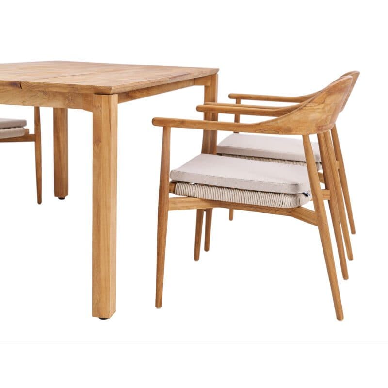 CASA DOMA "Terni" Stapelstuhl, Gestell Teakholz, Sitzfläche Rope fossil, Sitzkissen Olefin braun-beige und "Campana" Gartentisch Teakholz, 160x90 cm