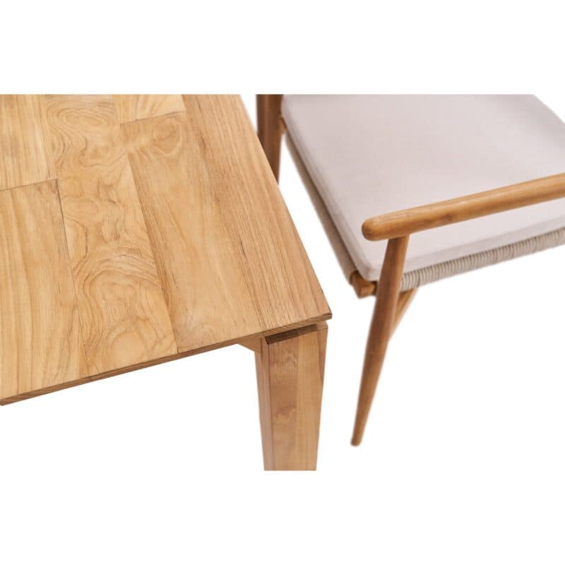 CASA DOMA "Terni" Stapelstuhl, Gestell Teakholz, Sitzfläche Rope fossil, Sitzkissen braunbeige und "Campana" Gartentisch Teakholz, 160x90 cm