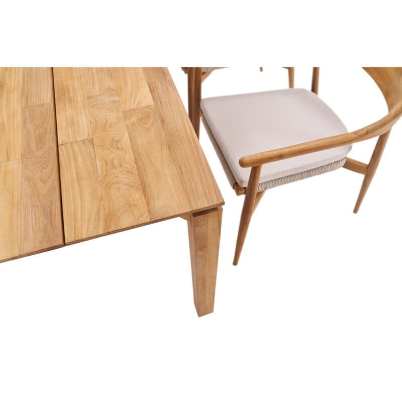 CASA DOMA "Terni" Stapelstuhl, Gestell Teakholz, Sitzfläche Rope fossil, Sitzkissen Olefin braun-beige und "Campana" Gartentisch Teakholz, 160x90 cm