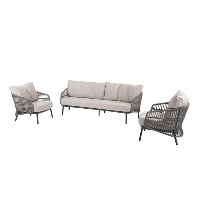 4Seasons Outdoor "Alicante" Loungeset 3-tlg., Gestelle Aluminium anthrazit, Rope-Bespannung grau, Kissen Olefin hellgrau