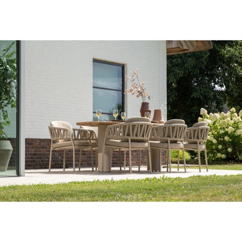 4Seasons Outdoor "Calma" Diningsessel, Gestell Aluminium latte, Rope-Bespannung taupe, Kissen Olefin taupe mit "Estate" Gartentisch, Tischplatte Teak
