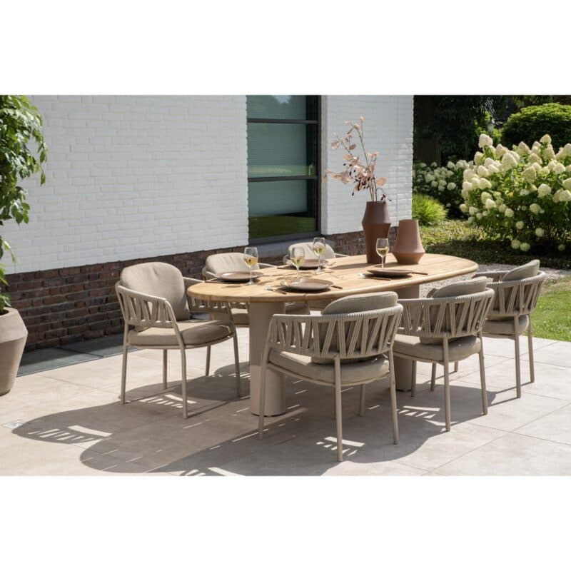 4Seasons Outdoor "Calma" Diningsessel, Gestell Aluminium latte, Rope-Bespannung taupe, Kissen Olefin taupe mit "Estate" Gartentisch, Tischplatte Teak