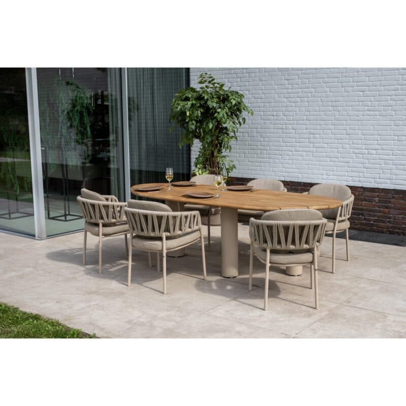 4Seasons Outdoor "Calma" Diningsessel, Gestell Aluminium latte, Rope-Bespannung taupe, Kissen Olefin taupe mit "Estate" Gartentisch, Tischplatte Teak