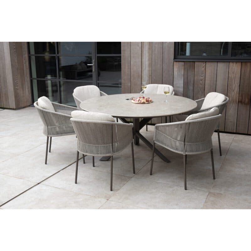 4Seasons Outdoor "Florence" Diningsessel, Gestell Aluminium terre, Rope-Bespannung hellgrau, Kissen Olefin hellgrau mit "Prado" Gartentisch, Tischplatte Keramik terre