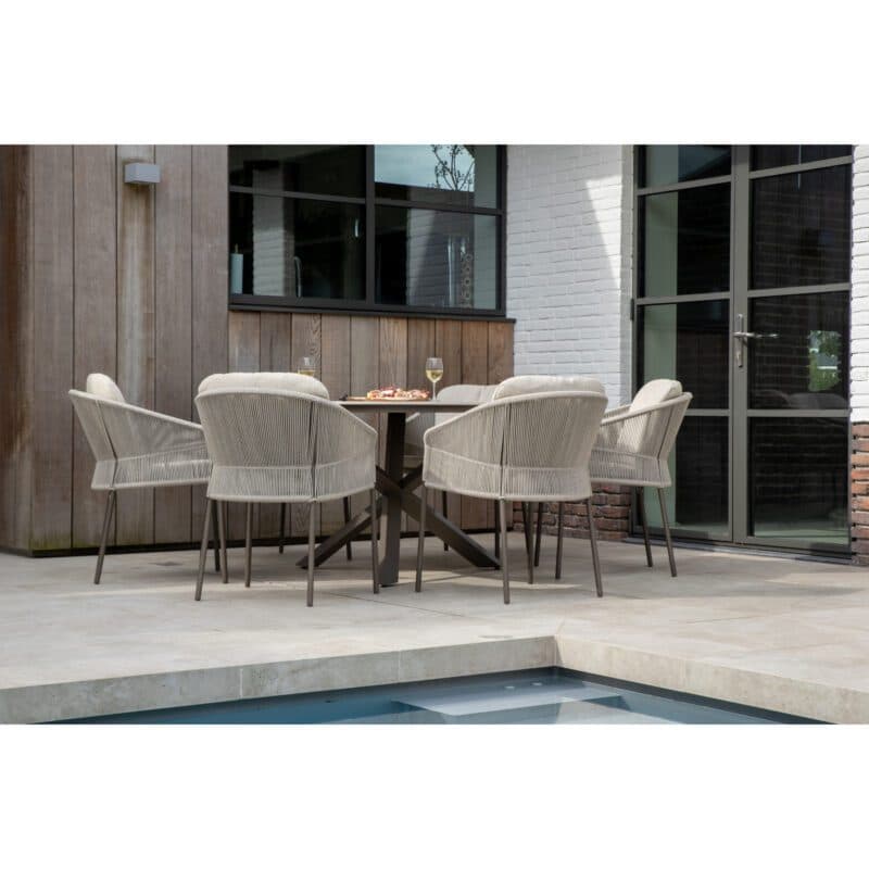 4Seasons Outdoor "Florence" Diningsessel, Gestell Aluminium terre, Rope-Bespannung hellgrau, Kissen Olefin hellgrau mit "Prado" Gartentisch, Tischplatte Keramik terre
