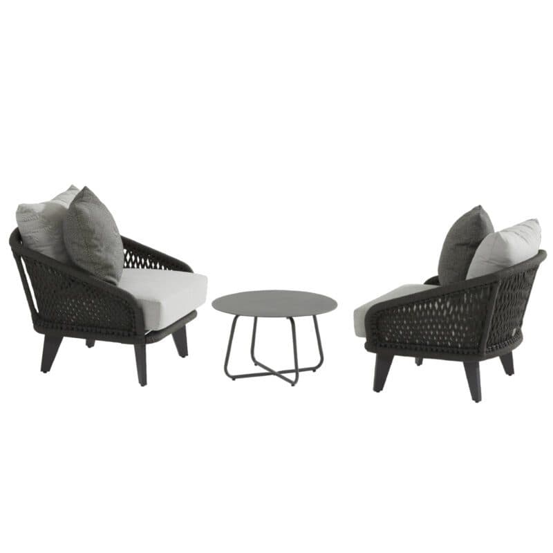 4Seasons Outdoor "Belize" Loungeset mit "Dali" Loungetisch Ø 58,5 cm, Gestelle Aluminium anthrazit, Rope schwarz, Polster hellgrau, Dekokissen grau