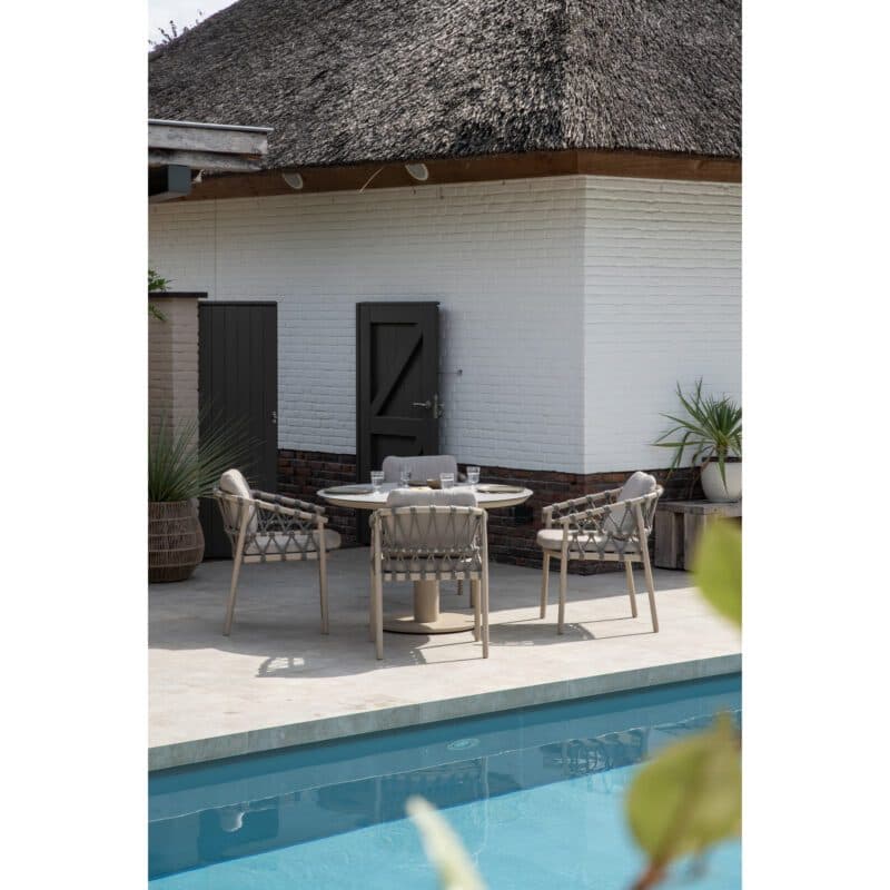 4Seasons Outdoor "Piacenza" Diningsessel, Gestell Aluminium latte, Rope-Bespannung grau, Kissen Olefin hellgrau mit "Sarah" Gartentisch, Tischplatte Glaskeramik grau