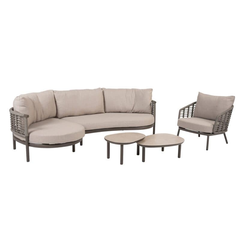 4Seasons Outdoor "Puglia" Loungeset 2-tlg., Gestelle Aluminium terre, Rope grau, Kissen hellgrau und Kaffeetische "Monroe"