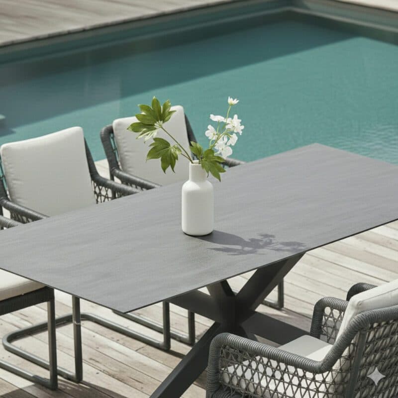 CASA DOMA Gartenmöbel-Set mit "Casoli" Freischwinger, Aluminium und Rope anthrazit, Kissen beige, "Alcamo" Gartentisch 210x100 cm, Edelstahl anthrazit, HPL anthrazit (Bild KI-generiert)