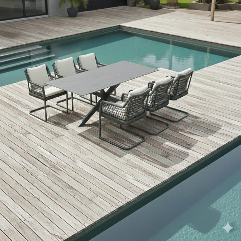 CASA DOMA Gartenmöbel-Set mit "Casoli" Freischwinger, Aluminium und Rope anthrazit, Kissen beige, "Alcamo" Gartentisch 210x100 cm, Edelstahl anthrazit, HPL anthrazit (Bild KI-generiert)