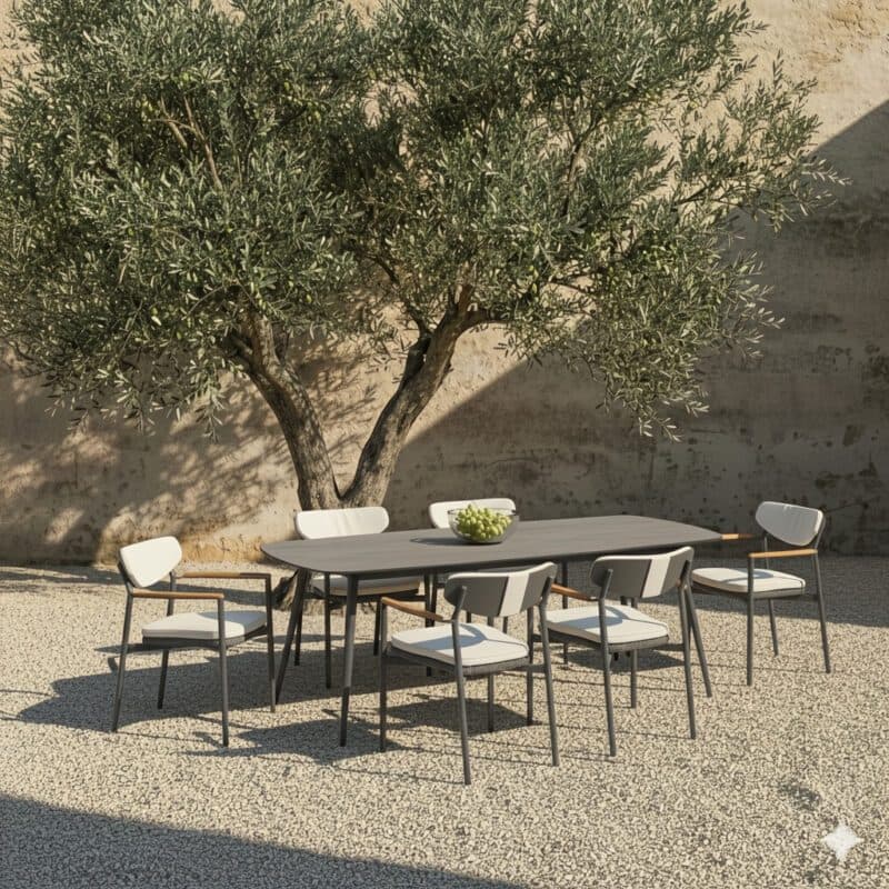 CASA DOMA Gartenmöbel-Set mit "Farini" Stuhl und "Napola" Gartentisch 240x100 cm, Aluminium anthrazit, Sitzfläche Rope, Kissen beige, HPL-Platte anthrazit (Bild KI-generiert)