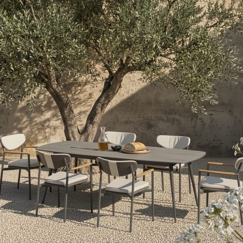 CASA DOMA Gartenmöbel-Set mit "Farini" Stuhl und "Napola" Gartentisch 240x100 cm, Aluminium anthrazit, Sitzfläche Rope, Kissen beige, HPL-Platte anthrazit (Bild KI-generiert)