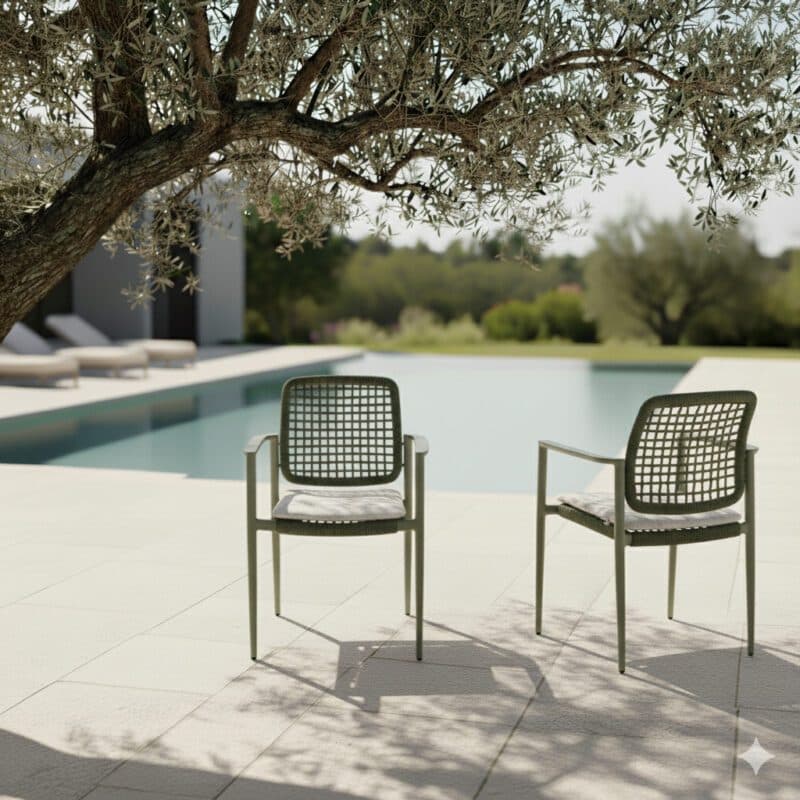 CASA DOMA "Lavello" Stapelstuhl, Gestell Aluminium moosgrün, Polyrattan grün, Kissen beige (Bild KI-generiert)