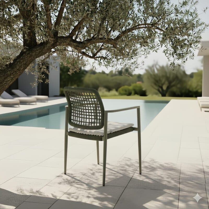 CASA DOMA "Lavello" Stapelstuhl, Gestell Aluminium moosgrün, Polyrattan grün, Kissen beige (Bild KI-generiert)