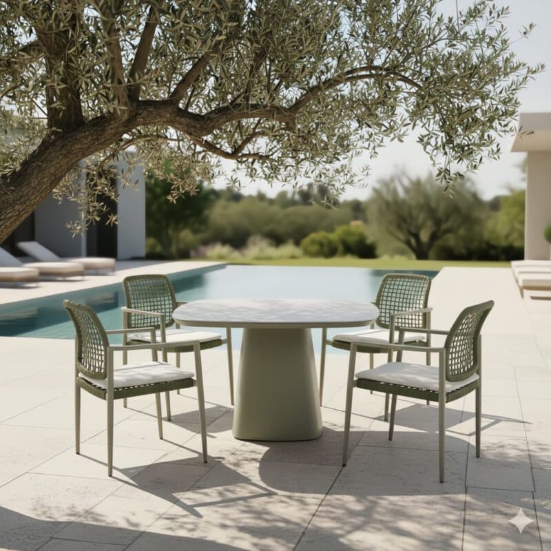 CASA DOMA "Lavello/Lioni" Gartenmöbel-Set 5-tlg., Aluminium moosgrün, Geflecht grün, Tischplatte Sinterstein 120x120 cm (Bild KI-generiert)