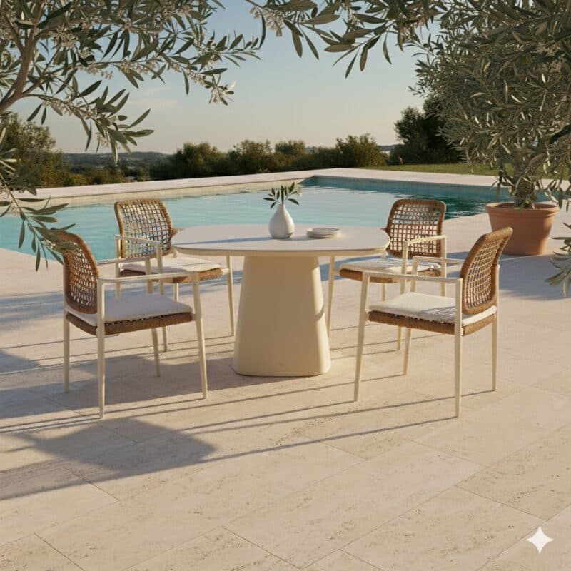 CASA DOMA "Lavello/Lioni" Gartenmöbel-Set 5-tlg., Aluminium cream, Geflecht naturfarben, Tischplatte Sinterstein 120x120 cm (Bild KI-generiert)