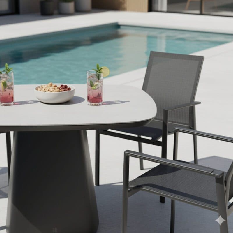 Gartenmöbel-Set mit Liadomo "Limbadi" Stapelsessel und CASA DOMA "Lioni" Gartentisch 120x120 cm, Gestelle Aluminium anthrazit, Armlehnen Aluminium, Platte Sinterstein (Bild KI-generiert)